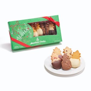 Green Mele gift box with a window displaying seasonal cookies, wrapped with a red bow.