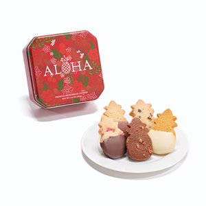 Small red Mele gift tin with accents of green & the word Aloha across the front.