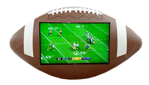 TV screen showing a football game inside of an actual football