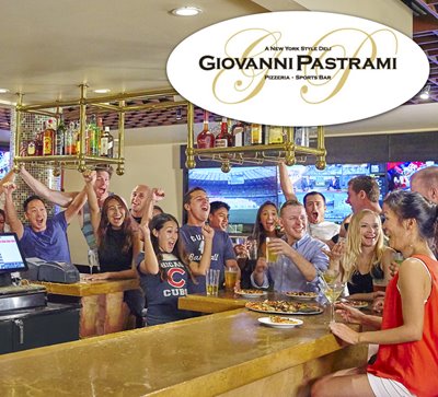 Cheering crowd around Giovanni Pastrami's bar
