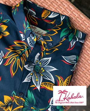 Dark blue aloha shirt with orange, yellow, white and green flower outlines