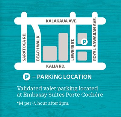 Parking location for Waikiki Beach Walk at Embassy Suites Porte Cochere for $4 per half hour after 3PM
