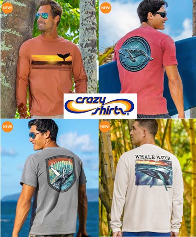 Collage of new shirts featuring whales from Crazy Shirts