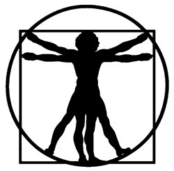 Black outline of a Vitruvian man symbol