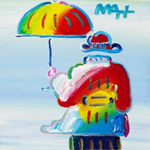 Painting of a rainbow colored figure holding an umbrella