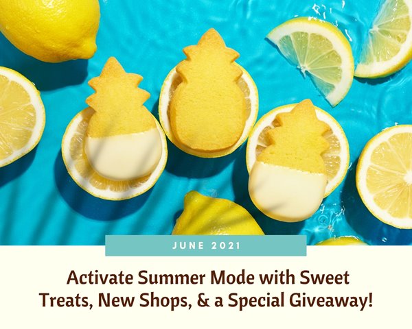 3 pineapple-shaped cookies from Honolulu Cookie Company on top of sliced lemons on an aqua blue water background with the words "June 2021: Activate Summer Mode with Sweet Treats, New Shops, & a Special Giveaway!" underneath.