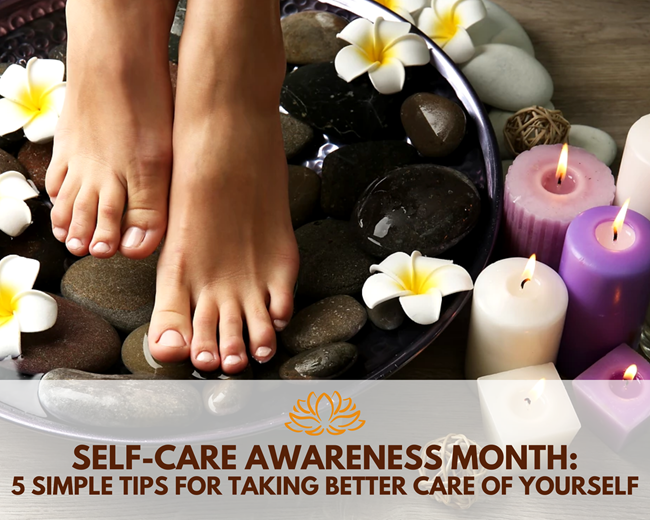 Self Care Tips blog header featuring 2 feet on a bowl of git stones surrounded by plumeria flowers and white and purple candles
