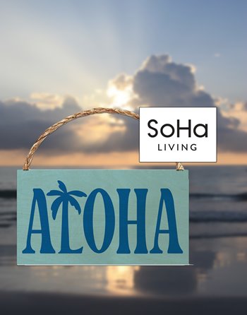 Aloha bag and SoHa logo with an image of a sunset behind it