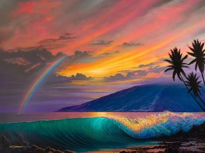 Painting of a wave crashing on the shore at sunset with a rainbow in the sky by Chris Sebo