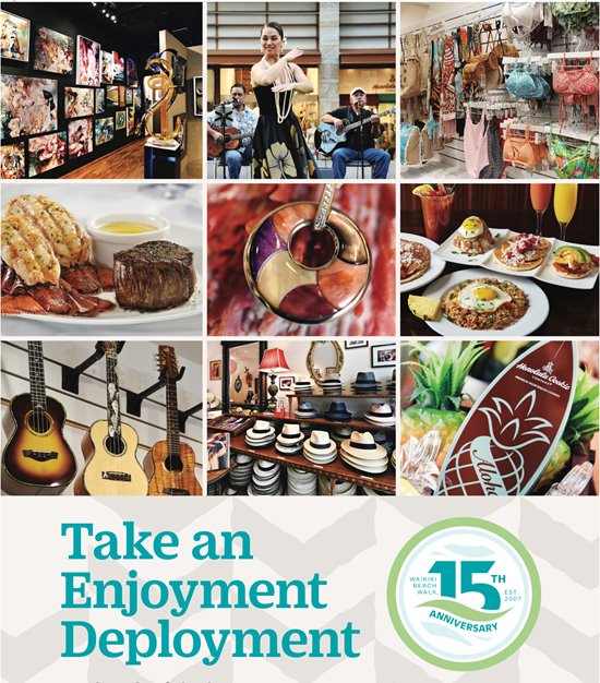 Collage of food, hula, & Hawaii-themed shopping with the caption "Take an Enjoyment Deployment"