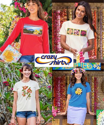 Collage of model shots wearing various Hawaii-inspired T-shirt designs