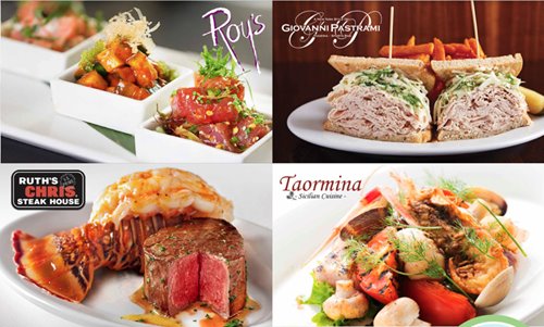 Mother's Day dining collage featuring Roy's poke assortment, Giovanni Pastrami sandwich, steak and lobster from Ruth's Chris, and seafood with grilled vegetables with Taormina Sicilian Cuisine.