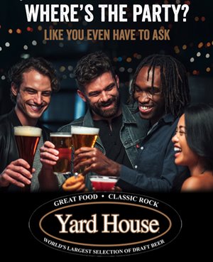 Yard House flyer showing a group of 4 people holding beers with the caption "Where's the party? Like you even have to ask"