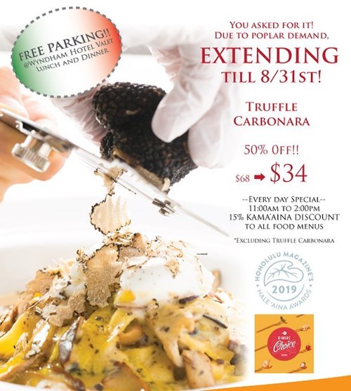 Taormina flyer featuring Truffle Carbonara special for August
