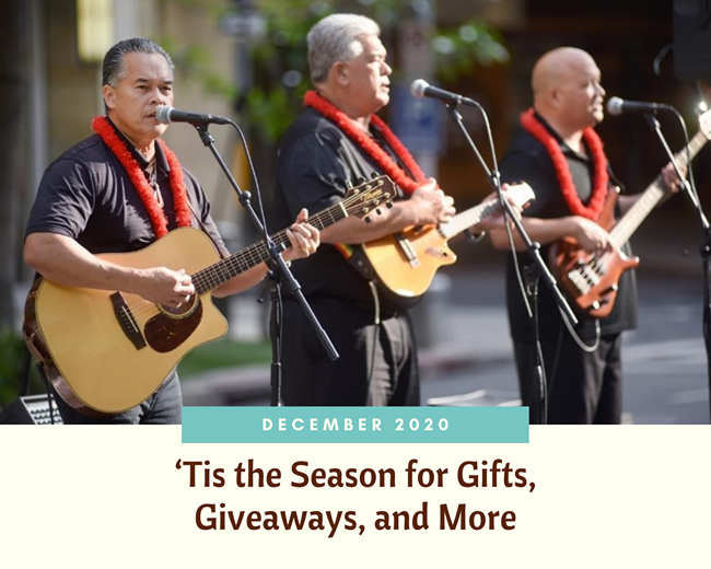Header image featuring 3 men in black shirts wearing lei and playing the guitar while singing into microphones