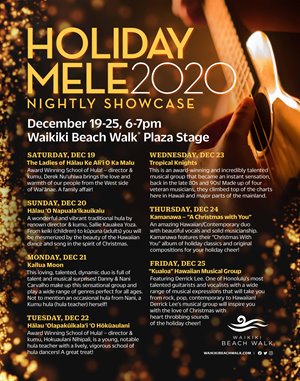 Holiday Mele 2020 Nightly Showcase flyer showing nightly schedule of performers from Dec 19-25, 6:00 - 7:00 pm at Waikiki Beach Walk