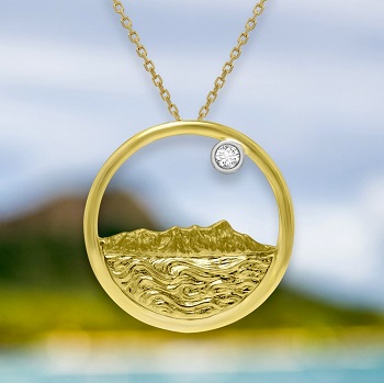 Pendant featuring Diamond Head in a golden circle with a diamond at the top.