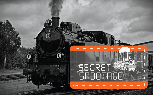 Black & white photo of a train with Secret Sabotage escape room logo