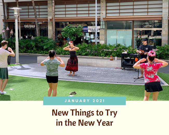 Blog banner featuring hula dancer & musician teaching a class with 3 people in Waikiki