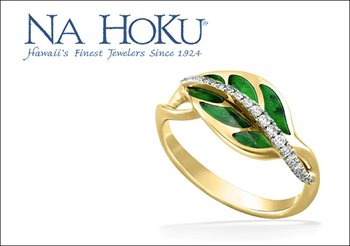 a gold ring with a green leaf and diamonds