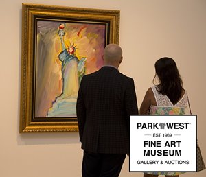 two people looking at a painting