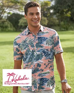 Male model wearing one of Waikiki's Best Aloha Shirts, depicting a pink and blue beach scene