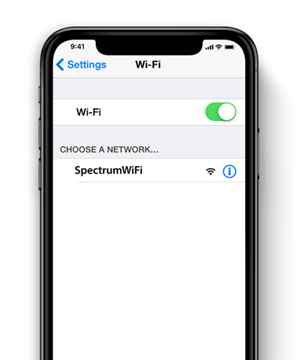 Smart phone screen showing Wi-Fi switched on and SpectrumWiFi under "Choose a Network."
