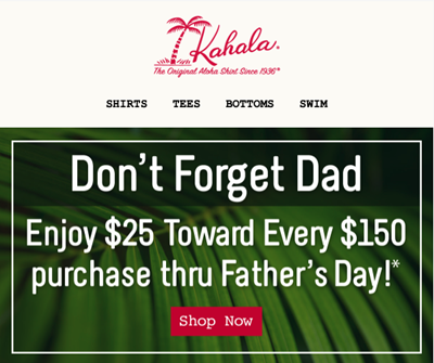 Kahala website home page showing "Enjoy $25 toward every $150 purchase thru Father's Day"