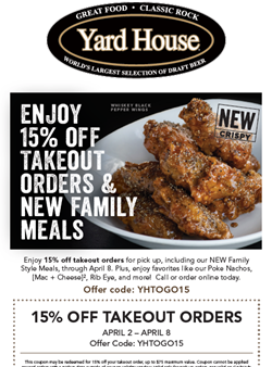 Yard House Waikiki April takeout order discount code