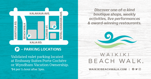 Map of parking locations for Waikiki Beach Walk, marking Embassy Suites Porte Cochere & Wyndham Vacation Ownership.