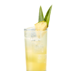 Yellow Tropical Haven on Earth cocktail with a pineapple garnish.