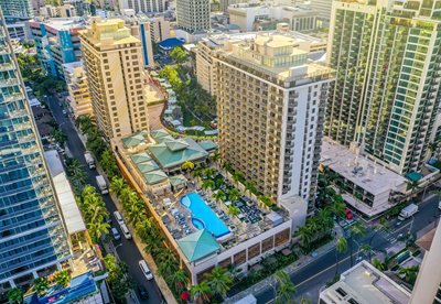 Aerial shot of Waikiki hotels, the main focus being Embassy Suites by Hilton Waikiki Beach Walk.
