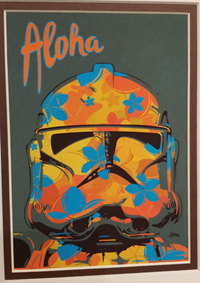 Multicolored orange, blue, & yellow art print of a stormtrooper helmet with the word aloha written above it.