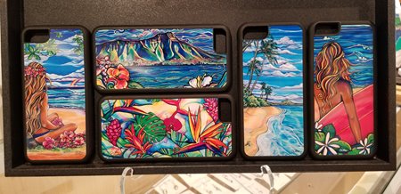 5 iPhone cases featuring various paintings of scenery in Hawaii.