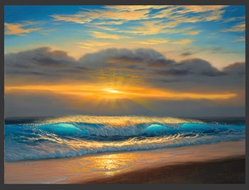 Oil painting of a wave crashing on the beach at sunset.