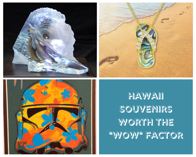An image collage featuring a sculpture of dolphins in a wave, storm trooper art print, & gold Hawaiian slipper pendant available at Waikīkī Beach Walk® stores in Honolulu, HI.