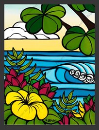 Vibrant-colored matted art print of a rolling ocean wave behind hibiscus flowers & plants.