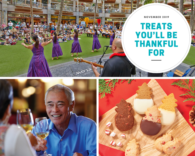 An image collage featuring a group of hula dancers performing for a crowd, an older gentleman holding a glass of white wine at dinner, & a spread of seasonal pineapple-shaped cookies available at Waikīkī Beach Walk® stores in Honolulu, HI.