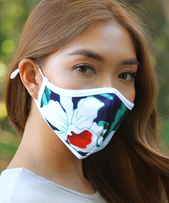 Blue and white Wai Nani Reusable Face Mask by Crazy Shirts, featuring blooming tropical flowers