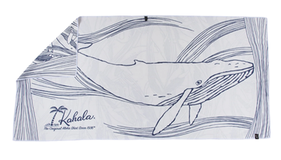 White microfiber towel from Kahala with navy lines depicting a humpback whale