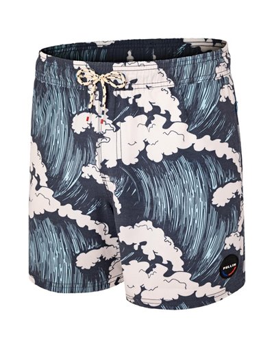 Ble and white Pull-In boardshorts featuring an ocean wave design