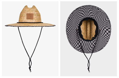 Two photos of Quiksilver's Straw Hat: on the left, facing the viewer straight on; on the right: shot from underneath showing the patterned brim