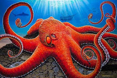 Art by Chris Sebo depicting a bright red octopus underwater.