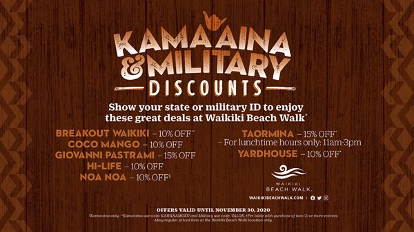 Local and military discount flyer listing special offers for Breakout Waikiki, Coco Mango, Giovanni Pastrami, HiLife, Noa Noa, Taormina, and Yard House at Waikiki Beach Walk.