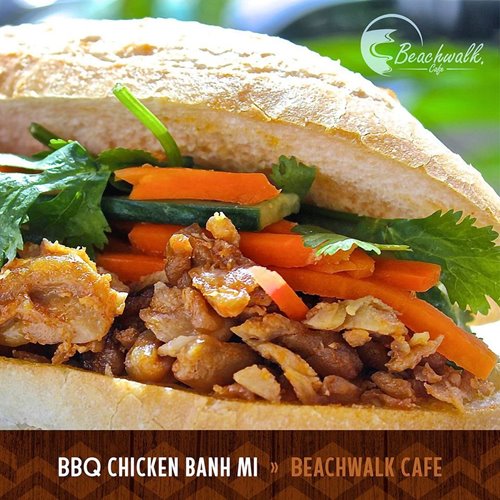 Graphic featuring bbq chicken banh mi sandwich on a French baguette from Beachwalk Cafe in Waikiki