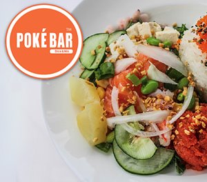 a plate of poke with text overlay reading poke bar