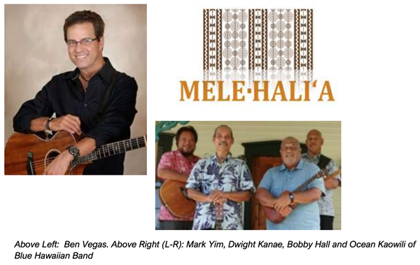 Collage of the Mele Hali'a logo, Ben Vegas and 4 men wearing Aloha shirts & holding guitars or ukuleles. They are (L-R): Mark Yim, Dwight Kanae, Bobby Hall and Ocean Kaowili of Blue Hawaiian Band.