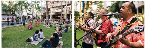 Guests sitting on the lawn, enjoying a hula show on the left and a close-up of 3 Hawaiian music performers singing into mics on the right.