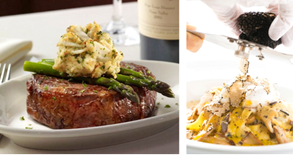 A juicy steak topped with asparagus and herb butter on the left; on the right is a carbonara pasta with truffles being shaved over it.