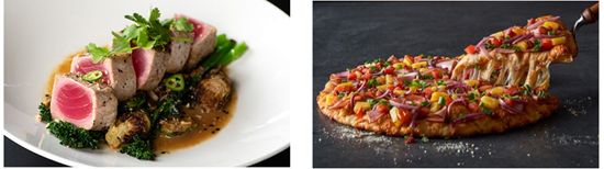 Seared ahi atop a bed of cooked vegetables on the left; gourmet pizza with a slice being lifted up on the right.
